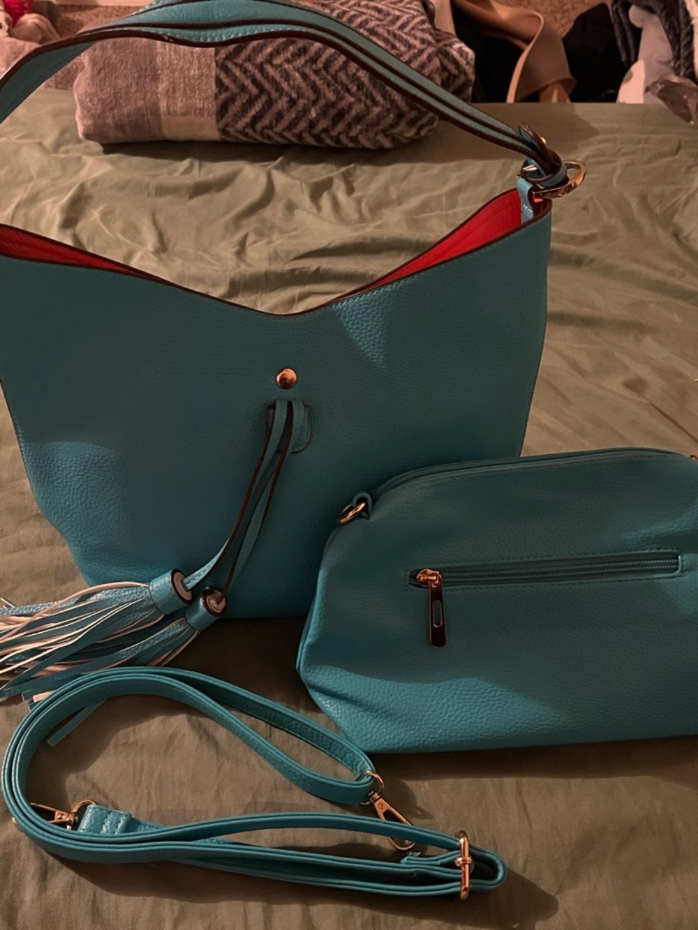 Turquoise Two-Piece Faux Leather Shoulder Bag Set
